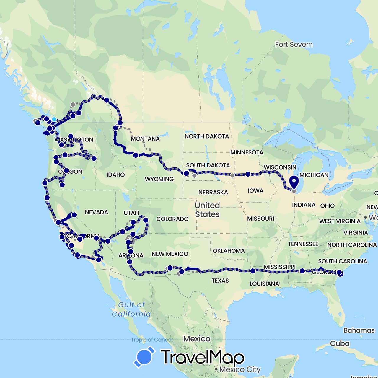 TravelMap itinerary: driving, boat, planned in Canada, United States (North America)