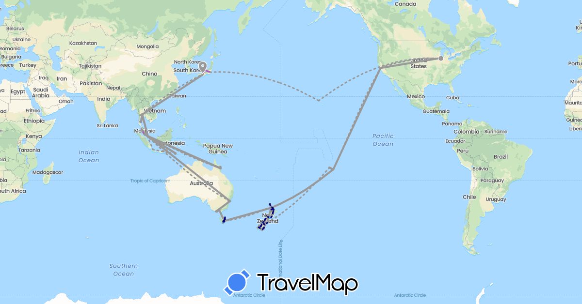 TravelMap itinerary: driving, plane, train, boat in Australia, France, Indonesia, Japan, Malaysia, New Zealand, Singapore, Thailand, United States (Asia, Europe, North America, Oceania)