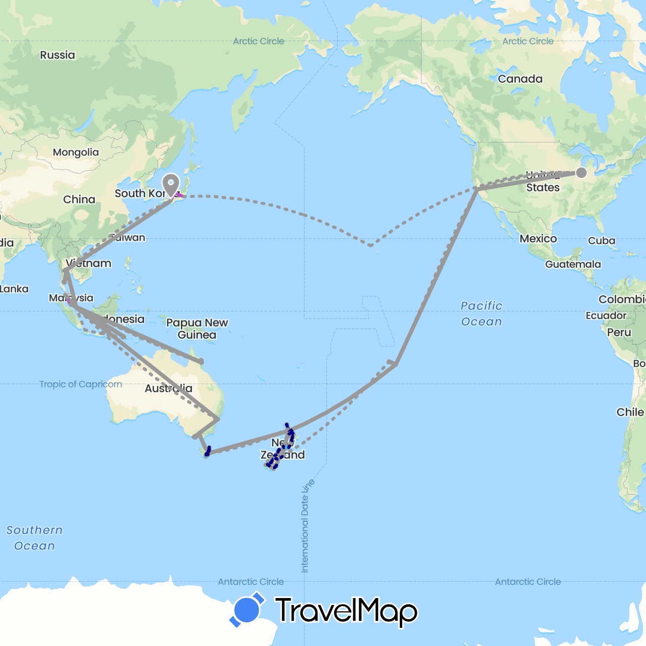TravelMap itinerary: driving, plane, train, boat in Australia, France, Indonesia, Japan, Malaysia, New Zealand, Singapore, Thailand, United States (Asia, Europe, North America, Oceania)